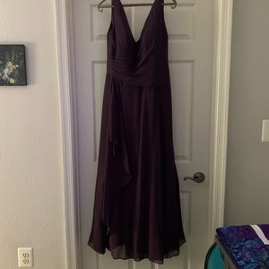 Plum Azazie bridesmaid dress with slit.